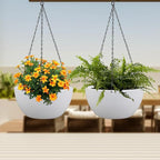8 inch Small Hanging Planters for Indoor Outdoor Plants, 2 Pack Hanging Flower Pots with Drainage Holes and Chain for Garden Porch Plants, Plastic Hanging Baskets for House Plants, White