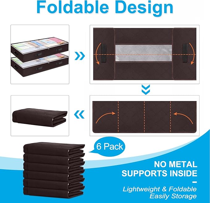 Budding Joy 6 Pack 90L Under bed Storage Containers Organizer Large Capacity Underbed Clothes Storage Bins Organization and Storage Bedroom Foldable Storage Bags with Clear Window Brown