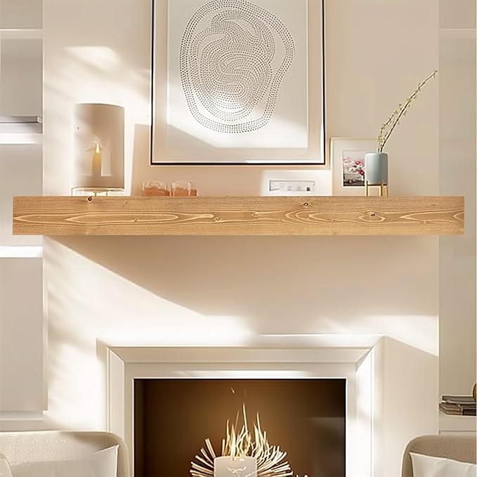 72x8x3 Fireplace Mantel - Handcrafted Hollow Rustic Solid Wood Wall Mounted Floating Shelf with Invisible Heavy Duty Wood Bracket (Natural Wood)