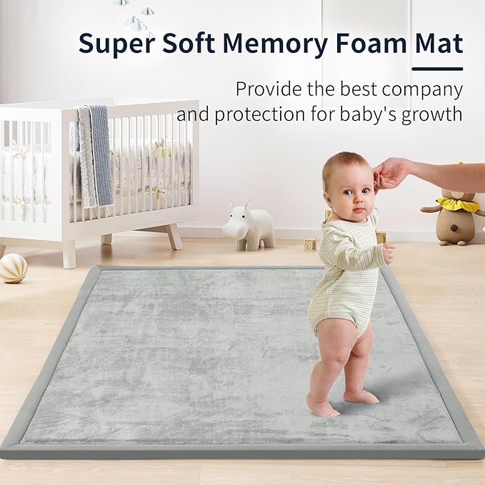 ACOMOPACK Baby Play Mat for Floor 1.3" Thick Memory Foam Play Mat 59"×71" Tummy Time Crawling with Non-Slip Bottom for Living Room,Nursery,Soft Velvet Playpen Mats for Kids,Infants（Light Grey）