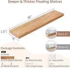Axeman Floating Shelves for Wall, 8 Inch Deep Rustic Solid Elm Wood Wall Shelves for Storage, Wall Mounted Display Shelving with Invisible Heavy-Duty Metal Bracket, 36'' Width Set of 2, Natural