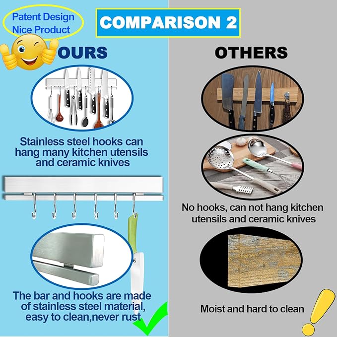 YIIYIIN 12" Premium 304 Stainless Steel Double-Sided Magnetic Knife Holder for Wall or Fridge -with Adhesive Strip, No Drill -6 Hooks Included for Kitchen Utensils