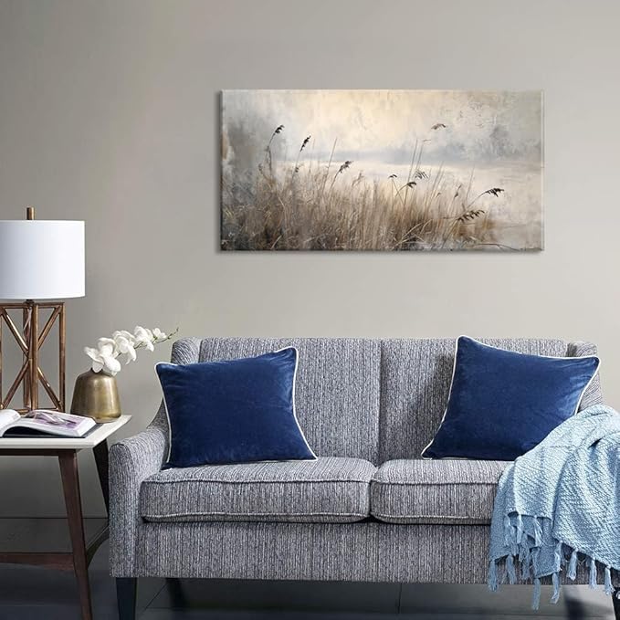 LASMOND Vintage Meadow Wall Art for Living Room Reed Grass Canvas Painting Prints Large Retro Rustic Cottagecore Countryside Landscape Farmhouse Bedroom Artwork Home Decor (30x16 Inches)