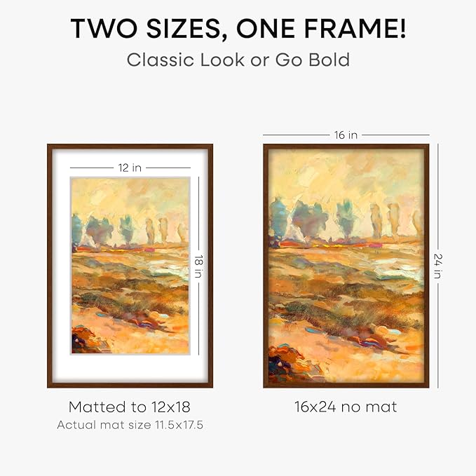 Homeforia Walnut Picture Frame 16x24, High End Dark Oak 16x24 Brown Wooden Frames with Mat 12x18, 16 x 24 Wood Poster Frame Matted to 12 by 18, 24x16 Hanging Frames, Tempered Glass, Wall Kit, Set of 1
