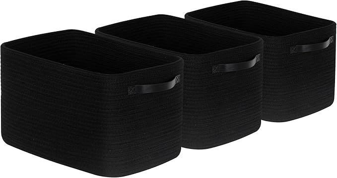 MINTWOOD Design 3-Pack Storage Baskets for Shelves, Decorative Baskets for Organizing, Woven Baskets for Storage, Book Basket Cube Bin Box, Pantry Closet, Shoe Organizer, Black / Black