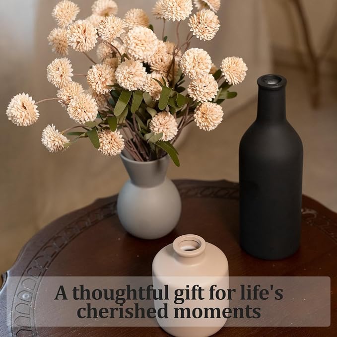 Fake Flowers in Vase for Centerpieces, Faux Flowers in Modern Ceramic Vase Set of 3 with 8 Artificial Autumn Chrysanthemums Home Decor