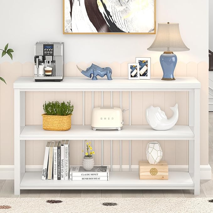FOLUBAN Modern Sofa Console Table for Entryway, 3 Tier Wood Foyer Table for Hallway Living Room Behind Couch, White Oak