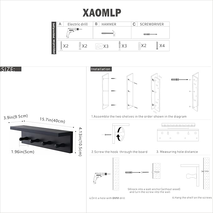 Entrance Coat Rack ，Coat Hooks, Wall-Mounted Wooden Hook Rack, Wall-Mounted Shelves are Very Suitable (Black Finish-1)