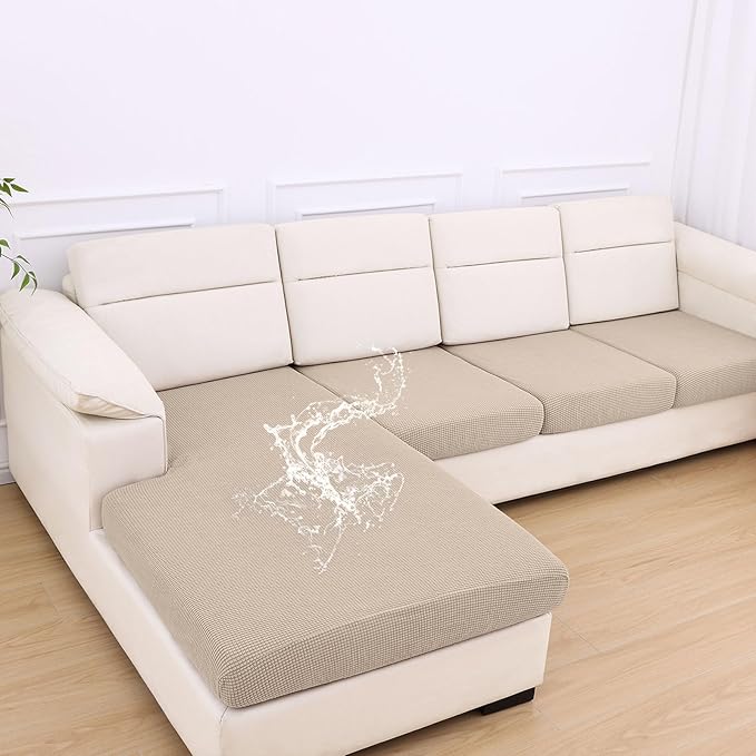 hyha Waterproof Couch Cushion Covers for Pets, Non Slip Sofa Seat Cover for Dogs Washable, Soft Thick Stretch Jacquard Fabric, Sofa Slipcovers with Elastic Bottom (1 Chaise+3 Seater, Taupe)