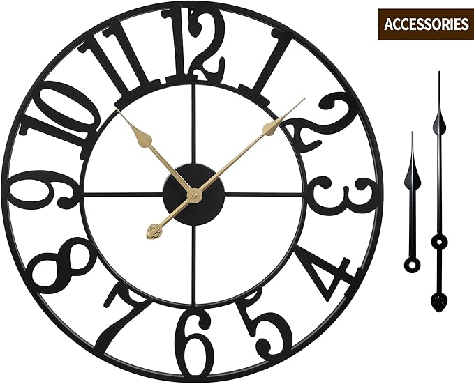 LEIKE Large Wall Clock, 18.5" Silent Non-Ticking, Battery Operated, Oversized, Decorative Retro Black Metal Clock for Living Room,Farmhouse, Dinner Room,Indoor, Outdoor(47cm, Black Arabic Number)