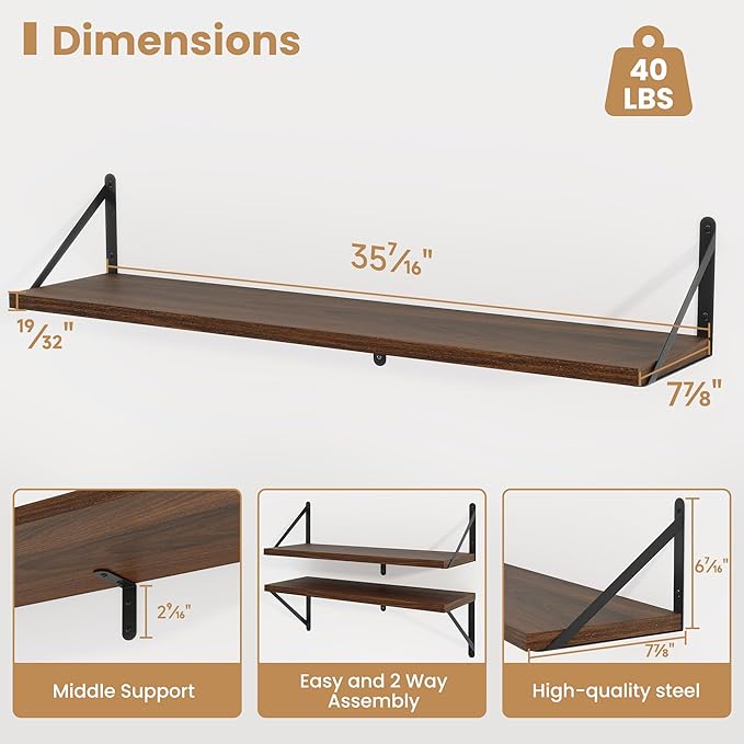 Heimlove 36 Inch Floating Bookshelves Set of 3,Heavy Duty Wall Mounted Bookshelves,Bookshelf for Living Room,Bedroom,Kitchen,Laundry Room Storage & Decor-Walnut Color