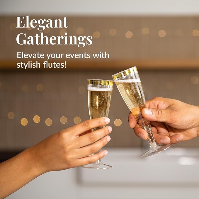Prestee Set of 24 Plastic Champagne Flutes with Gold Rim - 4.5 oz - Shatterproof Disposable Glasses for Weddings, Cocktail Parties, and Outdoor Celebrations