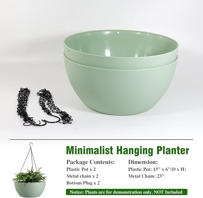 WOUSIWER 13 inch 2 Pack Large Hanging Planters for Indoor Outdoor Plants with Drainage Holes and Chain, Round Hanging Flower Pots for Garden Home Porch Decor, Green