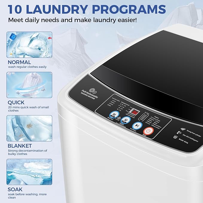 Nictemaw Portable Washing Machine 17.8Lbs Capacity Portable Washer with Drain Pump 2.4Cu.ft Full-Automatic Compact Washer with 10 Programs 8 Water Level for Home, Apartment, RV, Dorms