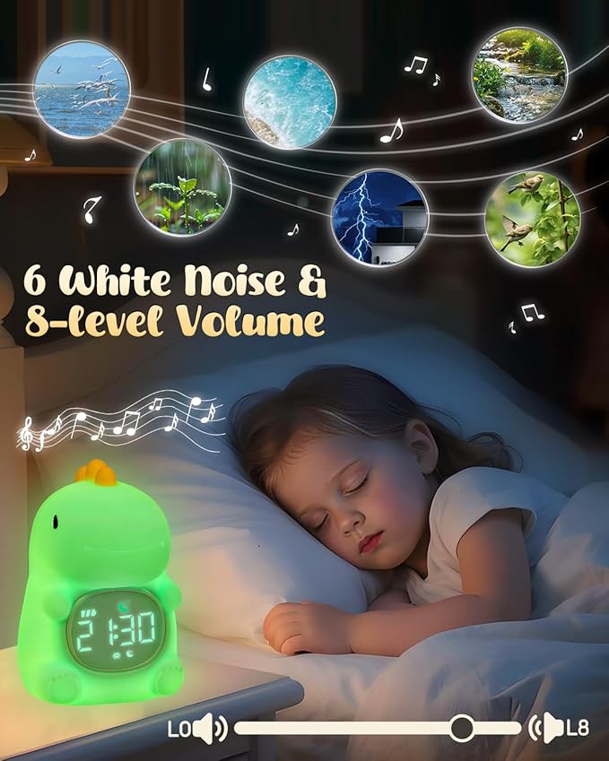 Dinosaus Alarm Clock for Kids with Night Light, Sleep Training Clock Time to Wake Clock, Rechargeable Silicone Light for Bedroom, Perfect Sleep Companion for Boys Girls