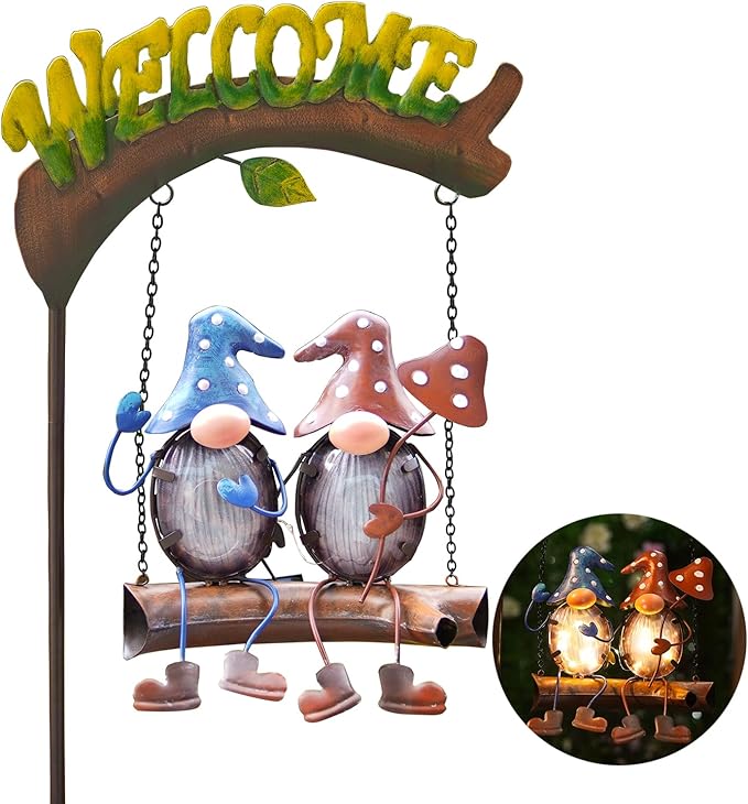HONGLAND Gnome Garden Decor with Solar Lights, Funny Gnomes Swing Outdoor Decor, Gardening Gifts for Women Mom, Gnomes Yard Decorations with Welcome Sign for Lawn Porch Backyard Patio