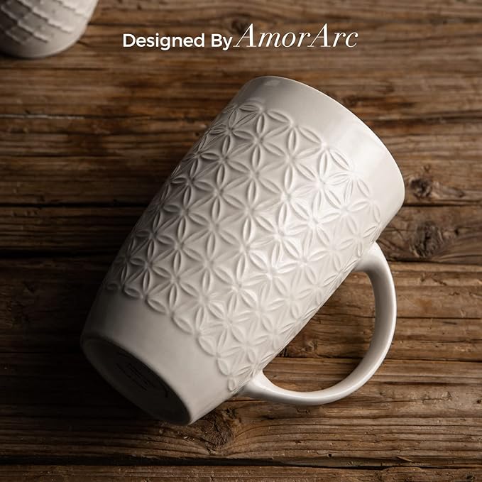 AmorArc Large Coffee Mugs Set of 6, 20oz Ceramic Tall Coffee Mugs Set with Textured Geometric Patterns for Coffee/Tea/Beer/Hot Cocoa, Dishwasher & Microwave Safe, Black&Beige