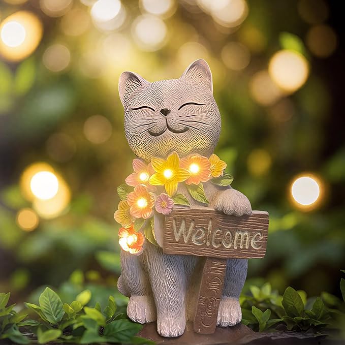 Solar Cat Garden Statue for Outdoor Decor, Cat Solar Light with Flowers, Resin Welcome Cats for Garden, Yard, Lawn Decor, Cats Lover Gifts for Women