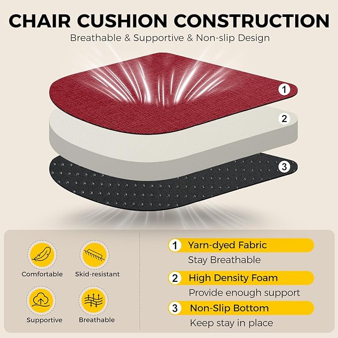 downluxe Indoor Chair Cushions for Dining Chairs, Soft and Comfortable Textured Foam Kitchen Chair Pads with Ties and Non-Slip Backing, 16" x 16" x 2", Red, 4 Pack