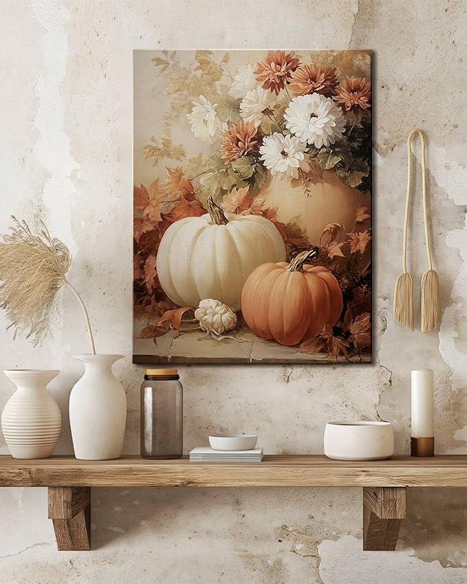 AbcCustomize Fall Wall Art Pumpkin Floral Print, Vintage Thanksgiving Decorations Canvas for Autumn Decor, Rustic Daisy Farmhouse Wall Art Decor for Bedroom Living Room Kitchen, Ready to Hang