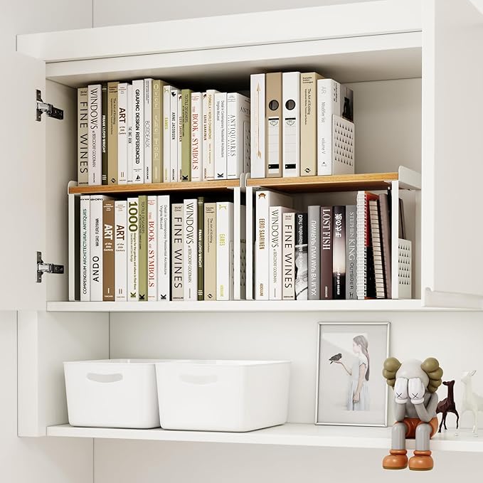 Mitus Shelf Organizer and Storage, Tiered Wood Cabinet Rack for The Kitchen Counter, Bathroom Counter, Pantry Cupboard, Office Desk Bookshelf, 12" Wide Natural and White