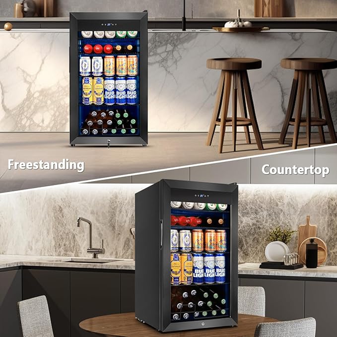 Tylza 130 Can Beverage Refrigerator Cooler, 3.22 Cu.Ft Beverage Cooler with Low-E Glass Door, Safety Lock, Beverage Fridge for Soda, Beer, Wine, Mini Fridge for Home, Office, Bar, Bedroom, Black