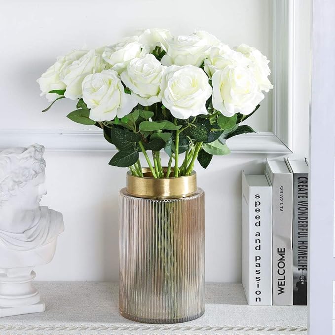 White Fake Roses Artificial Flowers - 10 Pcs Fake Artificial Roses Silk Flowers with Stems for Home Wedding Hotel Office Centerpiece Decor