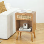Mid Century Modern Nightstand, Rattan Bedside Table with Drawer and Open Shelf, Wood Nightstand Modern Side Table for Living Room, Bedroom and Small Space, Brown