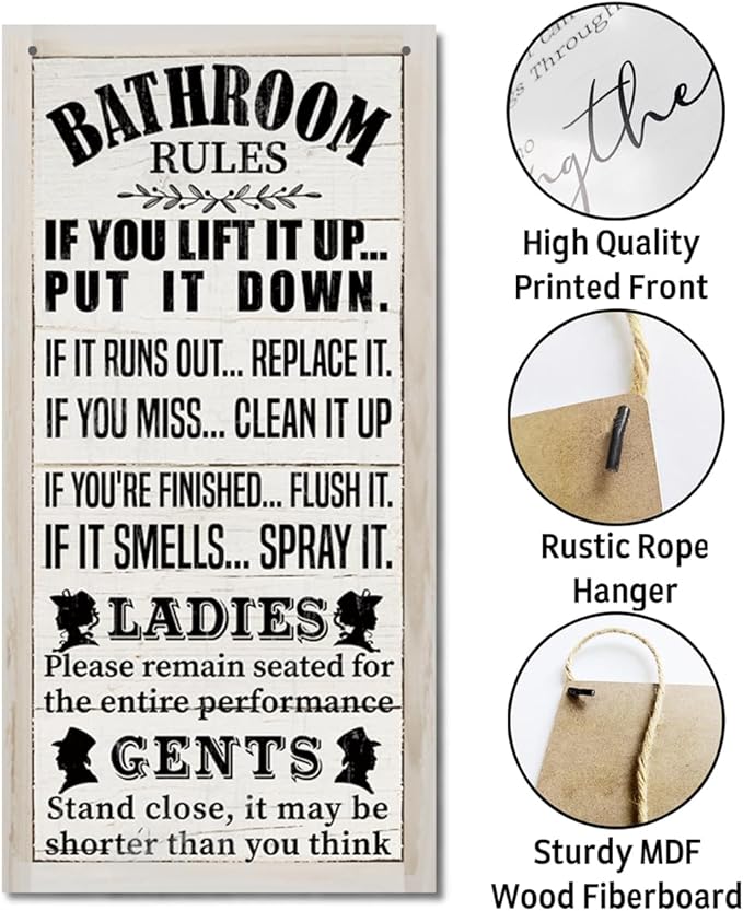 Rustic Western Bathroom Decor - Funny Wall Signs, Farmhouse Country Rules Wall Decor B1