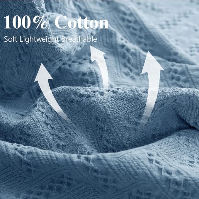 Simple&Opulence 100% Cotton Throw Blanket for Bed, Couch, Boho Luxury Geometric Knit Woven Blanket with Tassels Soft Lightweight Cozy Breathable, Vintage Farmhouse Decoration for All-Season(Blue)