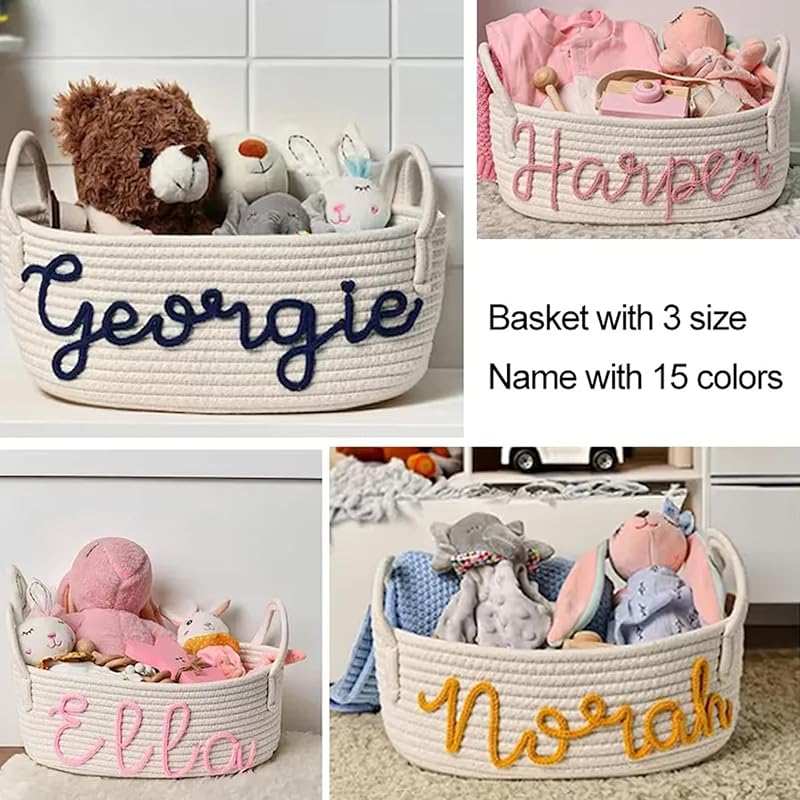 Personalized Baby Name Basket, Custom Woven Baby Shower Gift Basket with Cotton Rope Handle Baby Diaper Nursery Shelf Storage Basket Bin for Kids' Bedroom (Style 2)