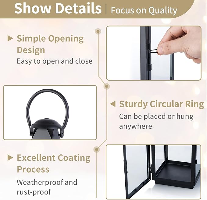 NUPTIO Black Decorative Candle Lantern: Metal Pillar Candle Holders for Table Centerpiece - 10.2in Tall Hanging Lanterns for Outdoor Wedding Party Home Living Room Fireplace Decor
