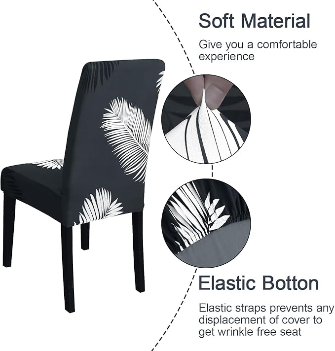JQinHome Pattern Chair Covers for Dining Room Set of 4, High Stretch Removable Washable Parsons Chair Slipcover for Home Party Hotel Wedding Ceremony (Plume Black,4PCS)