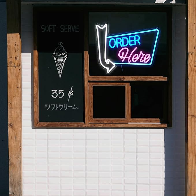 Order Here Neon Sign Led letters Sign Dimmable Order Neon Light for Wall Decor Larger Order Here Light Up Sign for Restaurant Shop Bar Business Neon Decor(16.1 * 12.6 In)