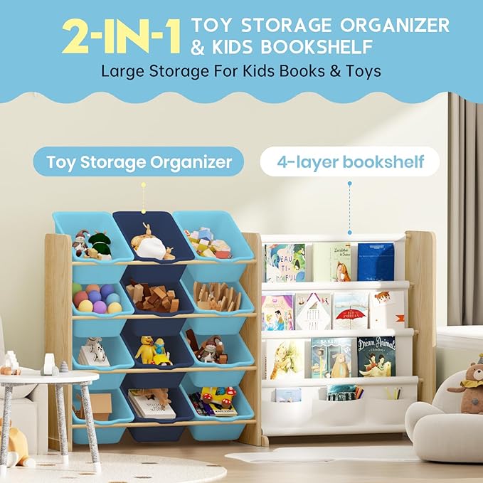 Kids Toy Storage Organizer - Toy Storage with Kids Bookshelf, Toy Organizer with 12 Blue Bins and 4 Book Shelves, Toy Organizers and Storage for Playroom, Nursery, Kids Room, Burlywood
