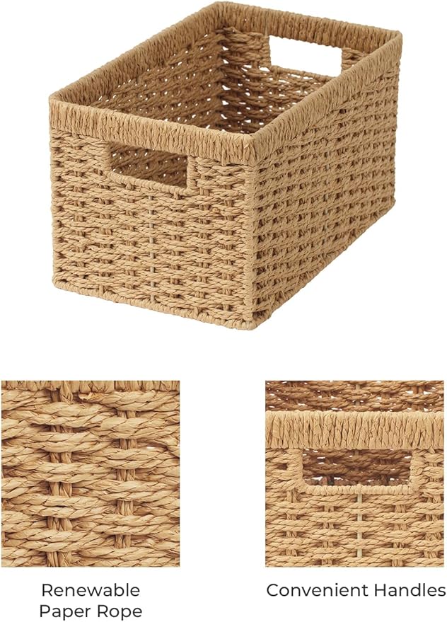 StorageWorks Round Paper Rope Storage Baskets, Rectangular Wicker Baskets with Built-in Handles, Medium, 13 ¼ x 8 ½ x 7 ¼ inches, 2-Pack