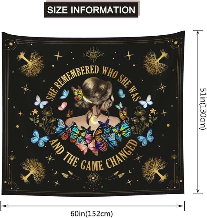 Bapcoku She Remembered Who She Was And The Game Changed Positive Quotes Tapestry Inspirational Gift Wall Decor for Bedroom,Uplifting Encouragement Gifts Butterfly Gifts for Women Teens Girls 60x50in