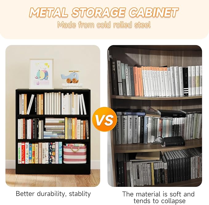 3-Tier Metal Open Shelf Bookcase, Bookcase with Adjustable Shelves, Floor Standing Book Shelf, Freestanding Display Storage Shelves, Curio Cabint Display Case for Small Places/Living Room/Corner