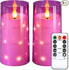 NURADA 3"x6"Flickering Flameless Candles: Built-in Star String Lights 3D Wick Battery Operated LED Pillar Candles with Remote and Timer for Table Wedding Centerpieces Party - 2 Pack Purple