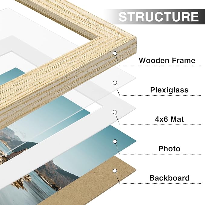 Vittanly 5x7 Picture Frames Set of 9, Shatter Resistant Plexiglass, Display 4x6 Pictures with Mat or 5x7 without Mat, Photo Frames for Wall or Tabletop, Engineered Wood, OAK