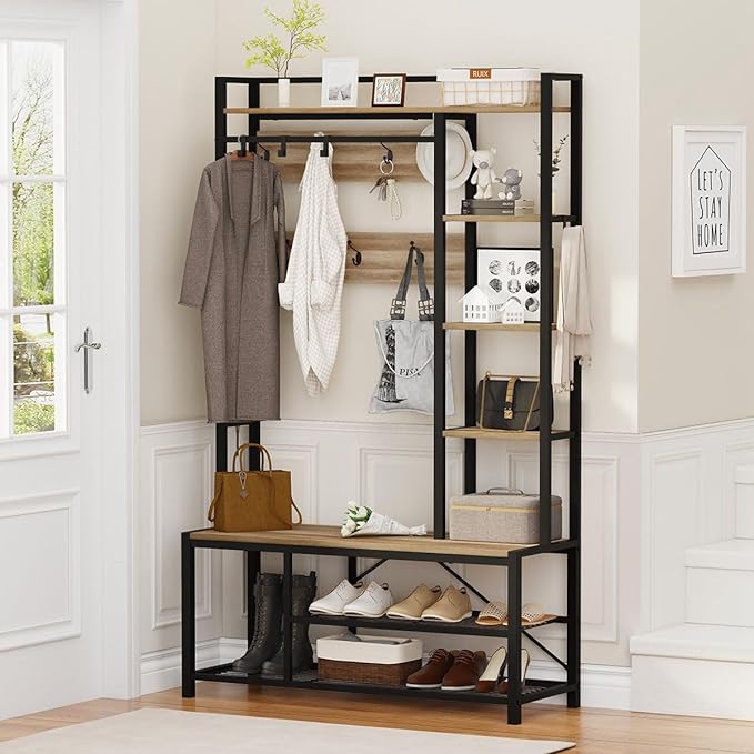 BON AUGURE Farmhouse Hall Tree for Entryway, Mudroom Bench with Shoe Storage, Large Coat Rack Shoe Bench with 5 Tier Open Shelves, Adjustable Side Hooks and Hanging Rod for Foyer (Vintage Oak)