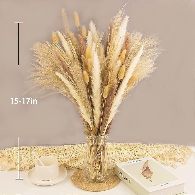 65PCS Pampas Grass Decor, Including pompas Floral, Reed Dried Grass and Bunny Tails Dried Flowers, Natural Dried Pampas Grass Bouquet for Boho Decor Wedding, Home Decoration