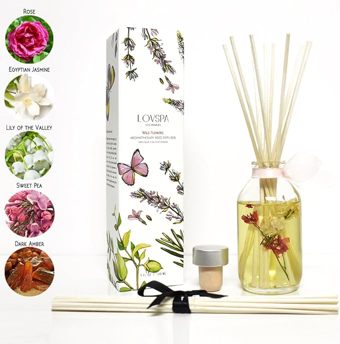 LOVSPA Reed Diffuser Set, Wild Flowers Scented Oil Diffuser with Sticks, Home Fragrance Accessories for Bathroom Shelf Decor, Aroma Diffusers for Home or Office Desk, USA Made