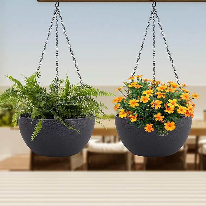 8 inch Small Hanging Planters Plant Pots for Indoor Outdoor Plants, 2 Pack Hanging Flower Pots with Drainage Holes and Chain for Garden Porch, Plastic Hanging Baskets for House Plants, Black