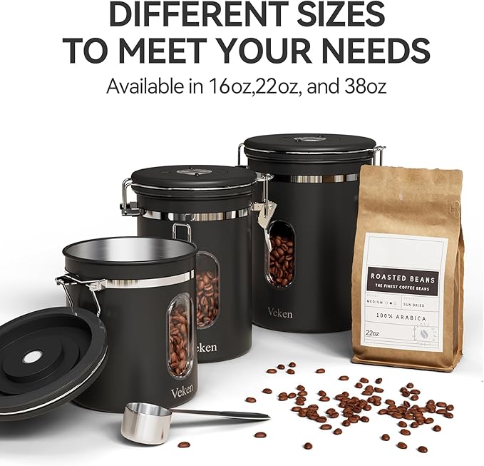 Veken Coffee Canister with Window,Airtight Stainless Steel Container,Home Kitchen Food Storage Organizers for Grounds,Beans,Espresso,Rice,Tea,Sugar,Flour, Cereal,Scoop,Bar Accessories,Gifts,22OZ,Black