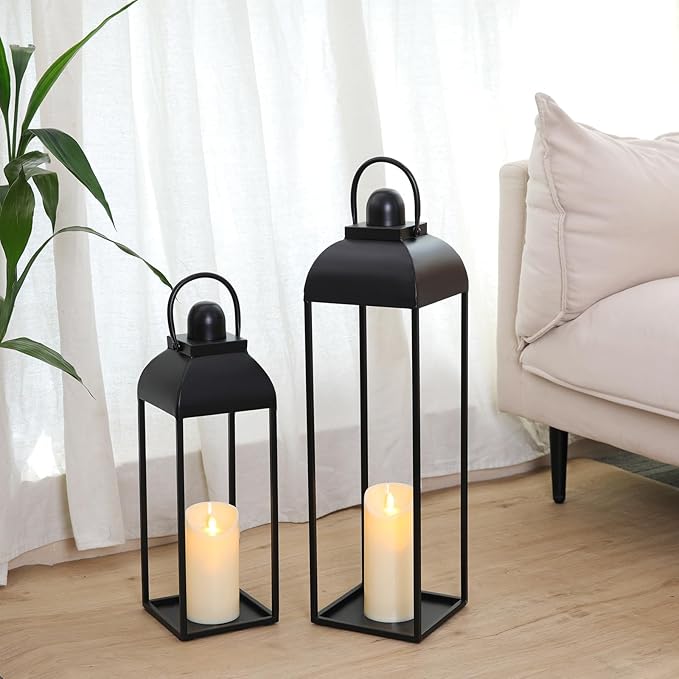 25'' 19'' Lanterns Decorative Outdoor Indoor, Black Metal Outdoor Candle Lanterns, Set of 2 Modern Farmhouse Decorative Lantern for Fireplace, Patio, Porch, Floor, Halloween Lantern (No Glass)