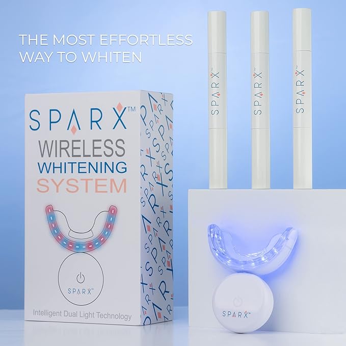 SPARX Wireless Teeth Whitening Kit with LED Light for Sensitive Teeth Remove Stains Like Coffee, Smoking, Wine. Whiten Smile for Long Lasting Results, Includes 3 Gel Syringes, 1 Dual LED Mouthpiece