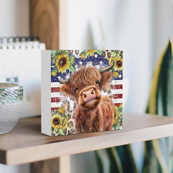 Cute Highland Cow Patriotic Baby Decor, Highland Cow Sunflower Decor, Wooden Box Decor Sign for Home Farmhouse Office Living Room Table Shelf