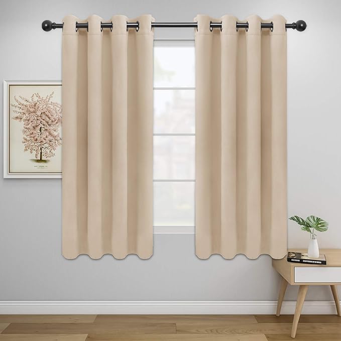 Easy-Going Blackout Curtains for Bedroom, Solid Thermal Insulated Grommet and Noise Reduction Window Drapes, Room Darkening Curtains for Living Room, 2 Panels (52x63 in,Beige)