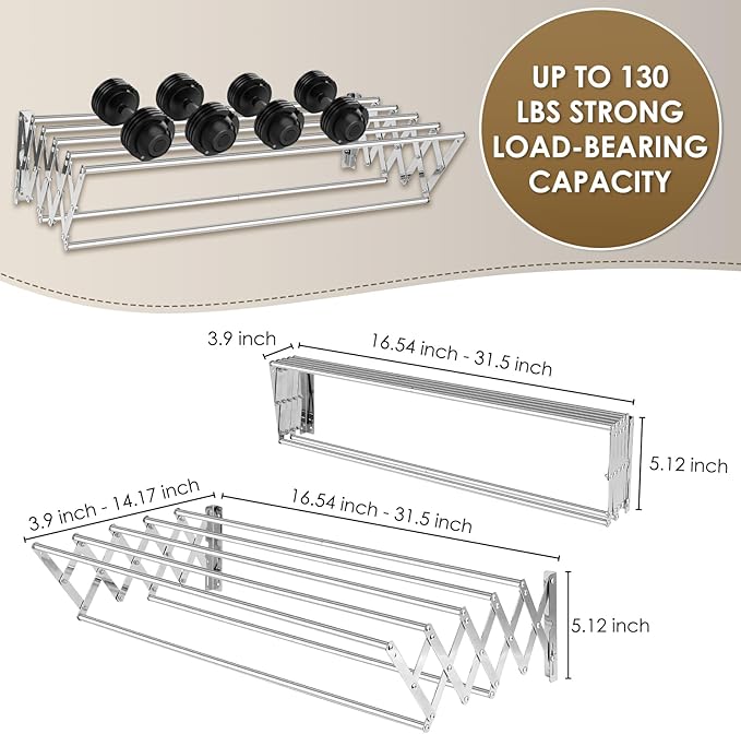 XL-31.5" Wall Mounted Clothes Drying Rack, 130 LBS Large Capacity Rustproof Retractable Clothes Rack, Collapsible Drying Rack Easy to Install with 7 Drying Rods, Space Saving for Laundry-White